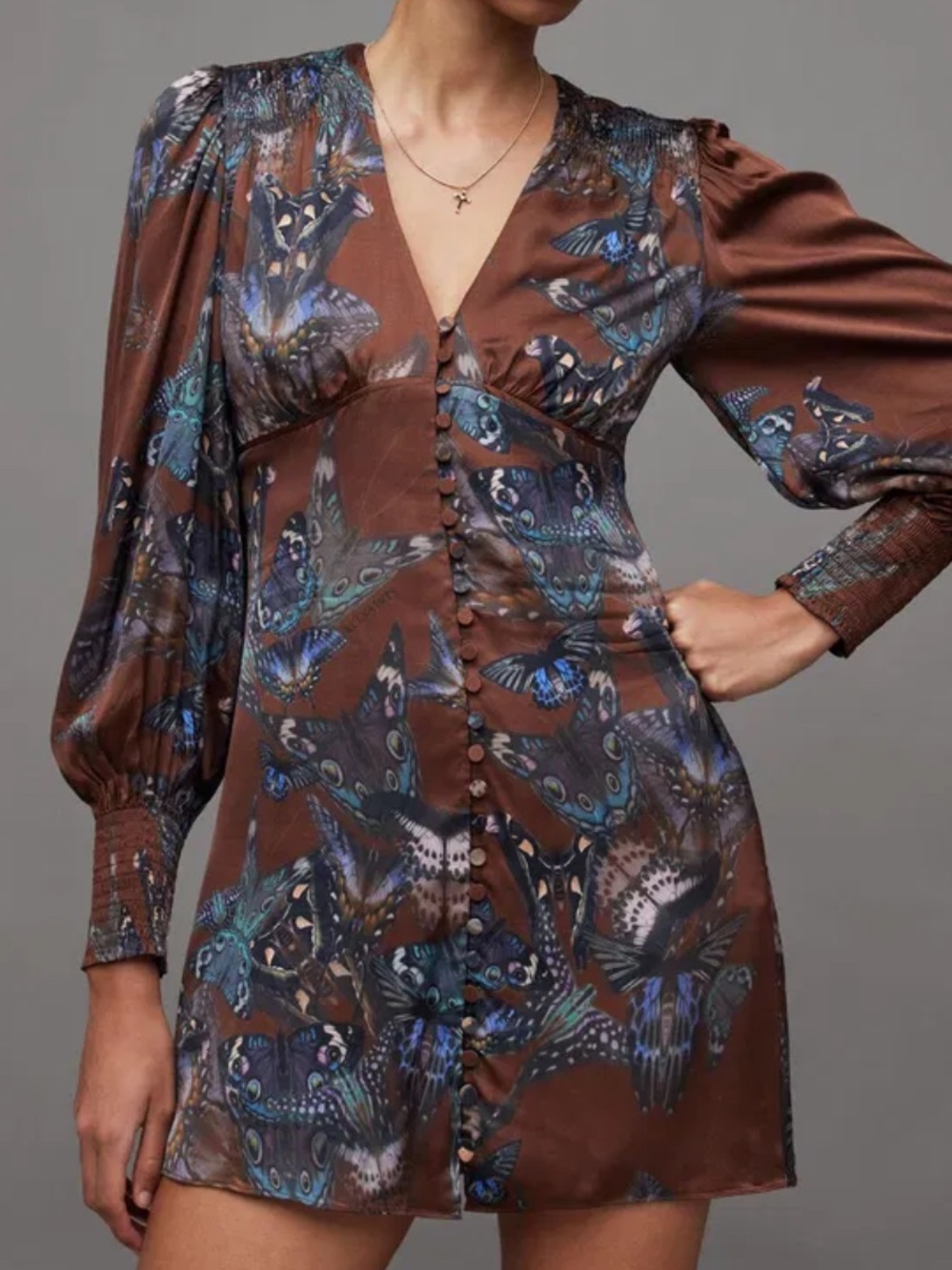AllSaints Auden Diana Butterfly Mini Dress Brown Blue US 4 - Picture 4 of 9